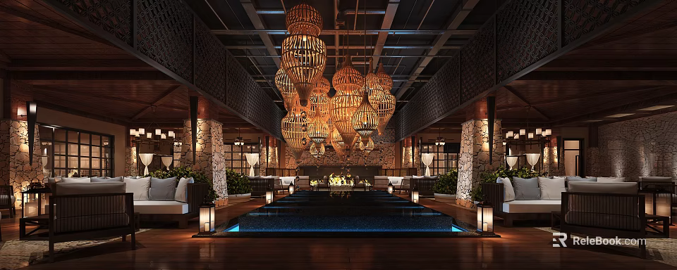 Elegant Elevator Hallway Featuring Luxurious Chandeliers Stone Walls And Warm Lighting 3d model 
