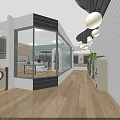 Kindergarten Bright Interior With Glass Partitions Tables Chairs Green Plants And Hanging Lamps