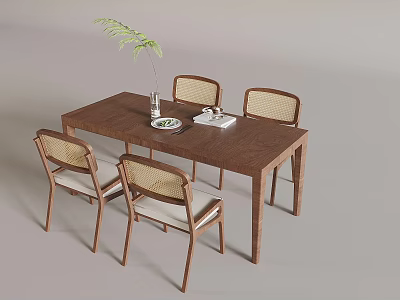 Natural Wooden Dining Table And Chairs Set With Wicker Backrest And Green Plant Vase 3d model