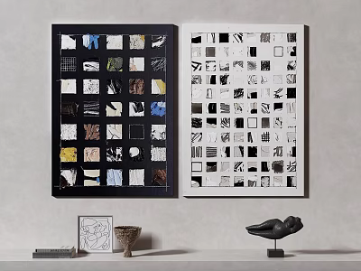 Collage Artworks On Wall With Dark And Light Backgrounds And Shelf Decorations 3d model