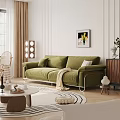Stylish Green Three Seater Sofa with Pillows Blanket and Wall Art in Modern Living Room