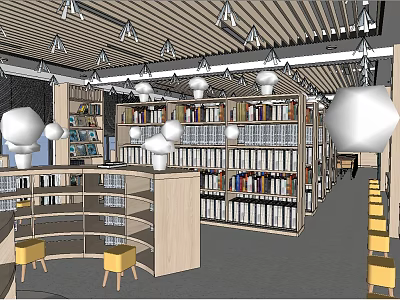 Bright Modern Bookstore Interior With Bookshelves Circular Counter And Yellow Chairs 3d model
