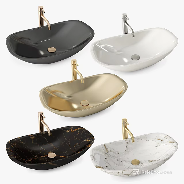 Oval Countertop Washbasins in Black White Gold and Marble with Golden Faucets 3d model 