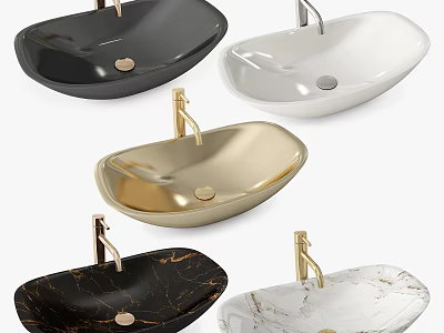 Oval Countertop Washbasins in Black White Gold and Marble with Golden Faucets 3d model