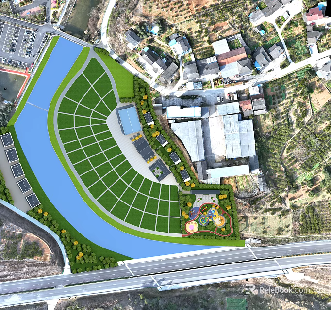 Aerial Planning Layout Featuring Large Green Space Curved Water Body and Surrounding Buildings 3d model 
