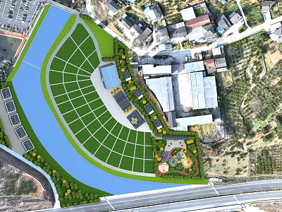 Aerial Planning Layout Featuring Large Green Space Curved Water Body and Surrounding Buildings 3d model