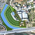 Aerial Planning Layout Featuring Large Green Space Curved Water Body and Surrounding Buildings