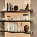 Modern Decorative Ornament Combination on Glass Shelves with Books Vases Geometric Sculptures and Table Lamp