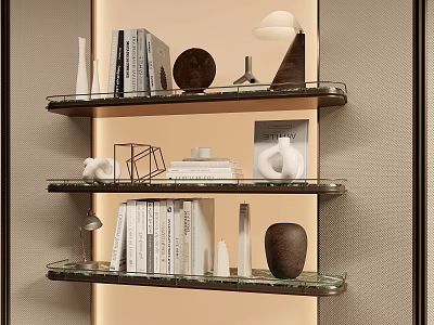 Modern Decorative Ornament Combination on Glass Shelves with Books Vases Geometric Sculptures and Table Lamp 3d model