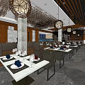 Elegant Restaurant Interior With Wooden Panels Curved Booths Set Dining Tables And Lattice Ceiling