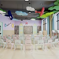 Kindergarten Classroom With White Tables Chairs Blackboard Drawings House Shaped Bookshelves Cloud Pendant Lights