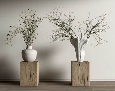 White Ceramic Vases With Natural Branches On Wooden Pedestals Minimalist Decorative Design 3d model