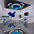 Modern Spacious Service Hall Interior With White Pillars Blue Counters And Electronic Screens