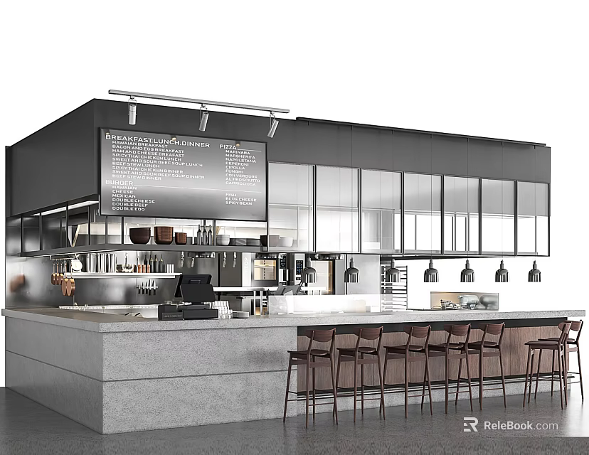 Modern Coffee Shop Bar With Large Windows High Chairs And Coffee Machines 3d model 