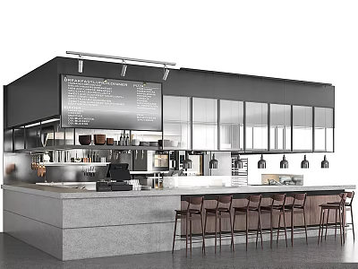 Modern Coffee Shop Bar With Large Windows High Chairs And Coffee Machines 3d model