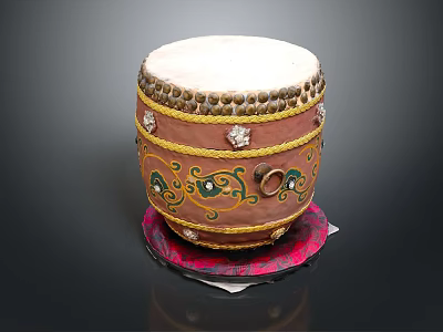 Traditional Decorative Drum with White Drumhead Golden Edges Intricate Patterns on Red Cushioned Base 3d model
