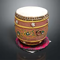 Traditional Decorative Drum with White Drumhead Golden Edges Intricate Patterns on Red Cushioned Base