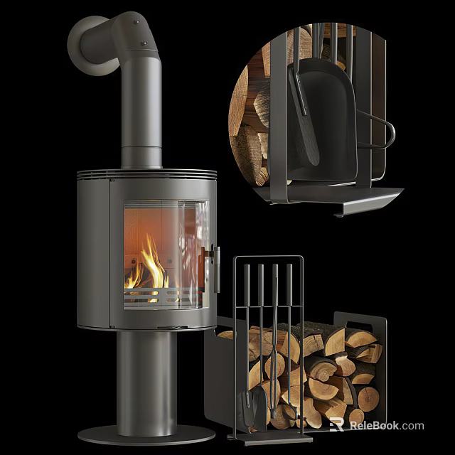 Modern Metal Fireplace with Glass Door Burning Fire and Wood Log Storage 3d model 