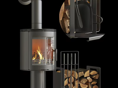 Modern Metal Fireplace with Glass Door Burning Fire and Wood Log Storage 3d model