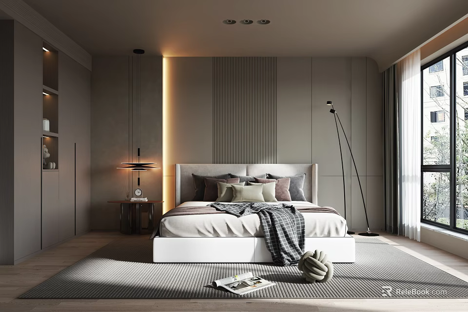 Modern Bedroom Interior Design With Textured Wall Platform Bed Nightstand Lamp And Floor Rug 3d model 