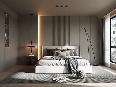 Modern Bedroom Interior Design With Textured Wall Platform Bed Nightstand Lamp And Floor Rug 3d model