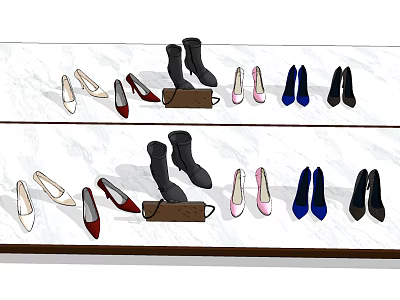 Stylish Shoes Collection Display On White Marble Shelves With High Heels Boots And Various Colors 3d model