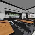 Modern Restaurant Interior With Open Kitchen Dining Tables Chairs And Lighting 3d model