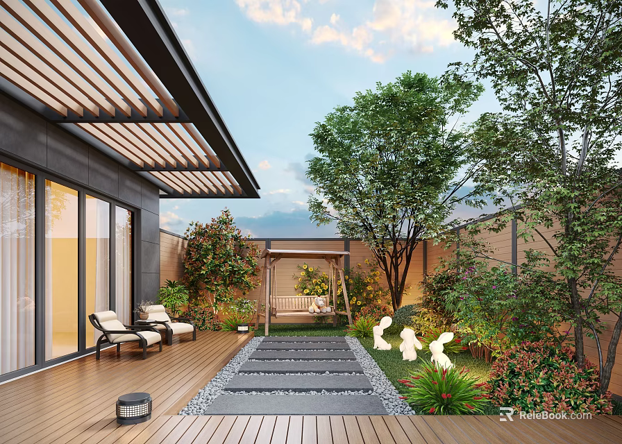 Modern Courtyard Garden Design with Wooden Deck Loungers Swing Stone Pathway and Lush Green Trees 3d model 