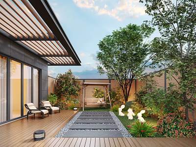 Modern Courtyard Garden Design with Wooden Deck Loungers Swing Stone Pathway and Lush Green Trees 3d model