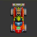 Green Animated Game Character Driving Red Racing Car With Big Wheels