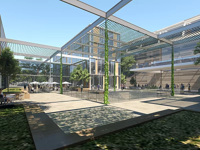 Modern Architectural Courtyard With Glass Canopy Greenery And People Gathering Space 3d model