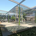 Modern Architectural Courtyard With Glass Canopy Greenery And People Gathering Space