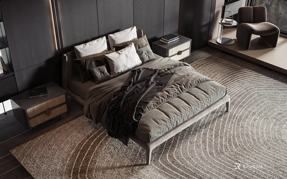 Modern Double Bed with White and Gray Pillows Dark Blanket Nightstands and Rug 3d model 