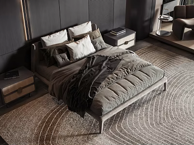 Modern Double Bed with White and Gray Pillows Dark Blanket Nightstands and Rug 3d model