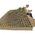Modern Wooden Outdoor Chair With Wave Design And Built-in Plants In Urban Park