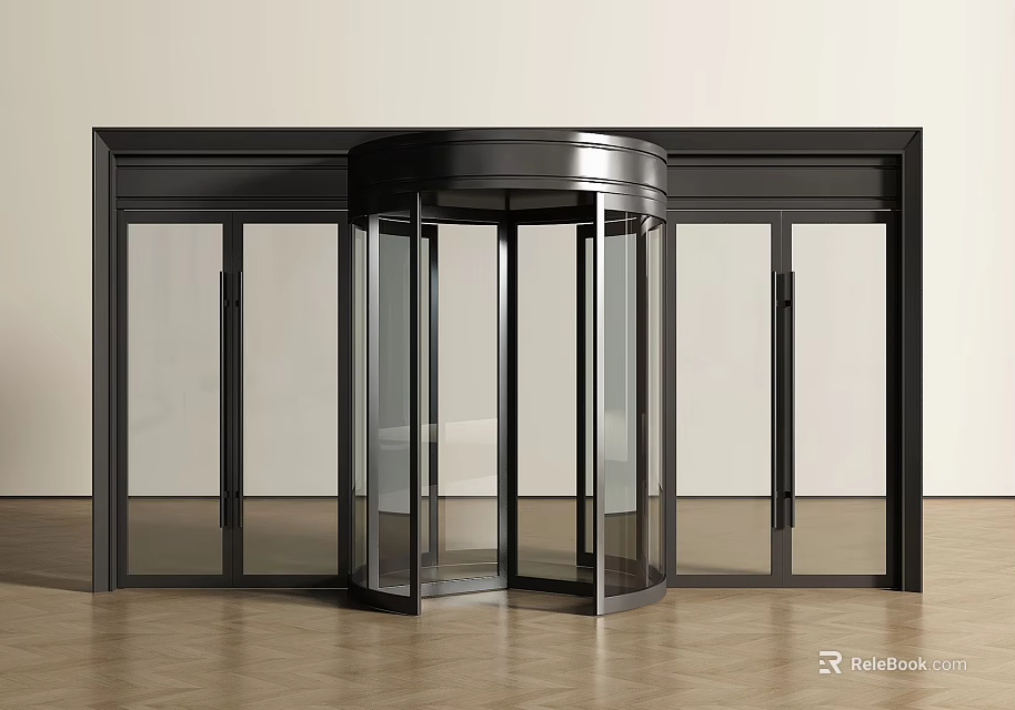 Modern Commercial Revolving Door With Glass Panels And Black Frame Entrance Design 3d model 