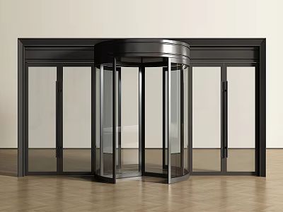 Modern Commercial Revolving Door With Glass Panels And Black Frame Entrance Design 3d model