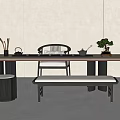 Modern Minimalist Tea Table and Chairs with Tea Set Potted Plant and Bench 3d model