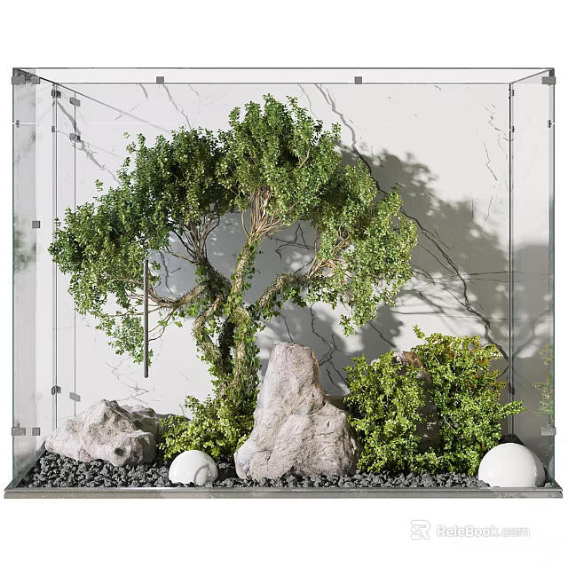 Lush Indoor Landscape With Green Tree Rocks Bushes And White Decorative Balls 3d model 