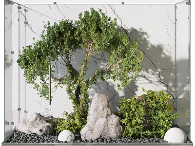 Lush Indoor Landscape With Green Tree Rocks Bushes And White Decorative Balls 3d model