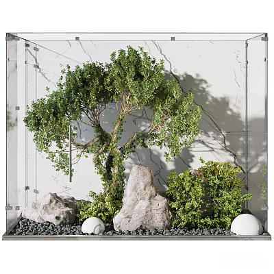 Lush Indoor Landscape With Green Tree Rocks Bushes And White Decorative Balls 3d model