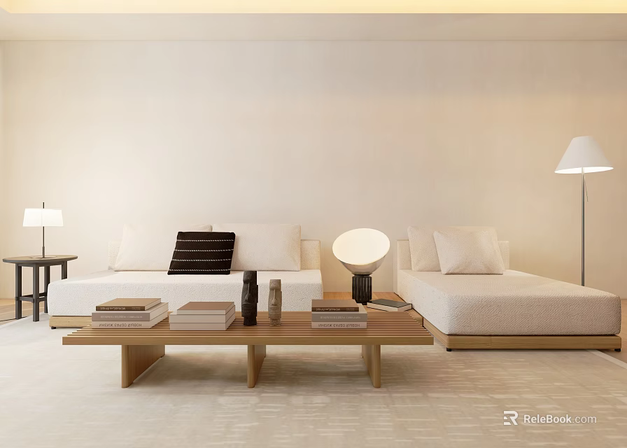 Modern Sectional Sofa In Beige With Wooden Coffee Table And Floor Lamp 3d model 