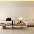 Modern Sectional Sofa In Beige With Wooden Coffee Table And Floor Lamp