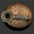 Sculpture Carving Of Ancient Earthenware Jug With Intricate Orange And Black Patterns And Handle