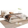 Modern Double Bed with White Headboard Mattress Bedding Rug Nightstand Plant and Books
