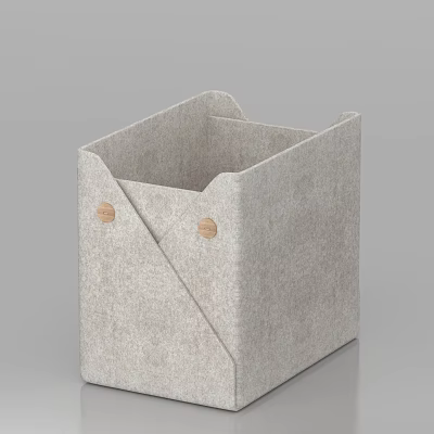 Gray Felt Storage Basket With Wooden Buttons For Simple Home Organization 3d model