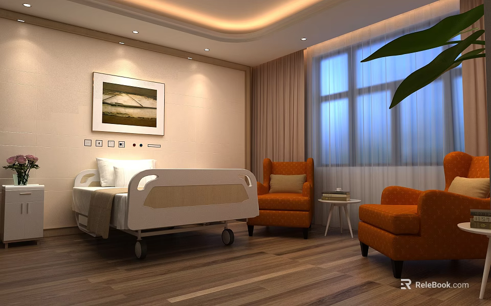 Comfortable Hospital Room Interior With Bed Orange Armchairs Window Curtains And Painting 3d model 