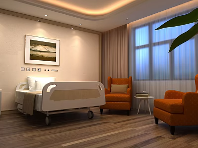 Comfortable Hospital Room Interior With Bed Orange Armchairs Window Curtains And Painting 3d model