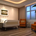 Comfortable Hospital Room Interior With Bed Orange Armchairs Window Curtains And Painting