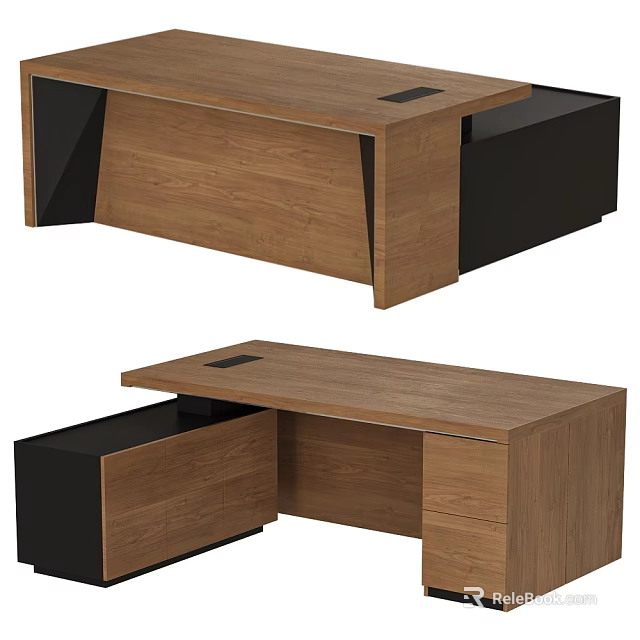 Modern Wooden Office Desk With Drawers And Black Accent Panels 3d model 